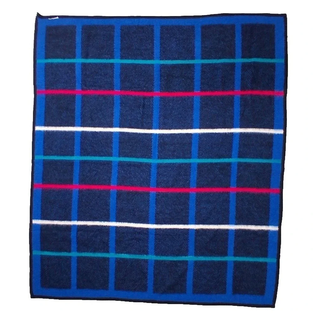 Vtg Biederlack Blue Black Grid Acrylic Throw Blanket Square Teal Pink White